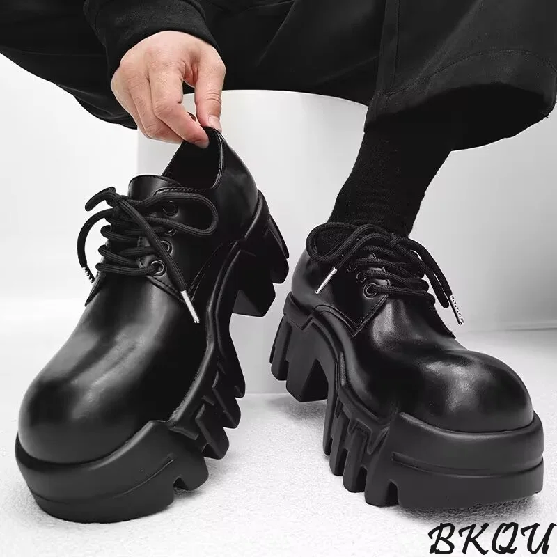 BKQU Gear Thick Sole Bulldozer Derby Shoes for Men 2024 Autumn Fashion Niche High Sense Increase 8CM Muffin Big Head Shoes