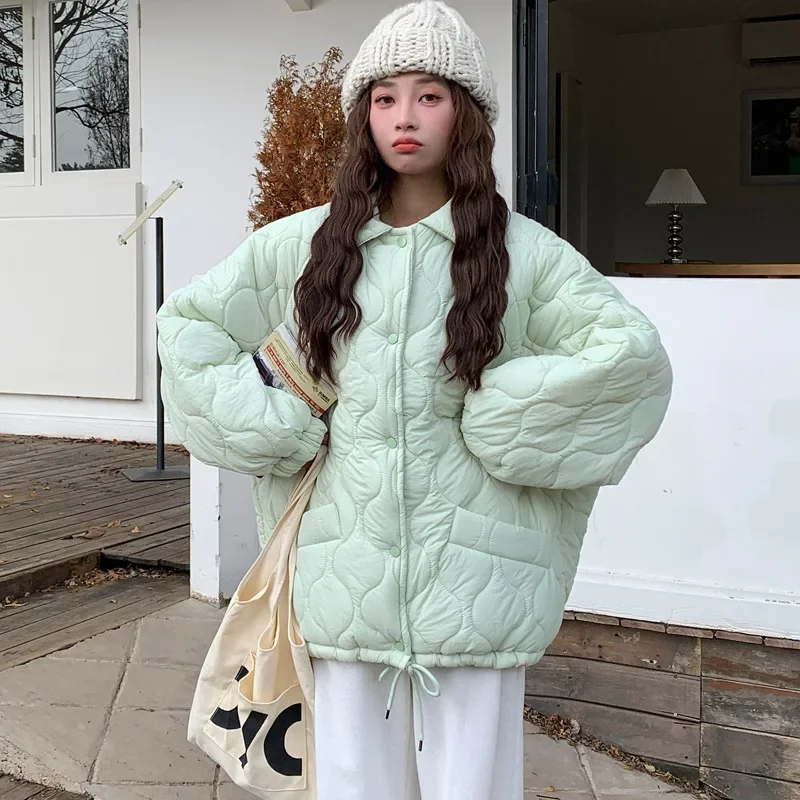 Autumn Winter Women Casual Loose Cotton-padded Jacket Long Sleeve Lapels Button Up Thicken Warm Lambswool Jacket Women Parkas