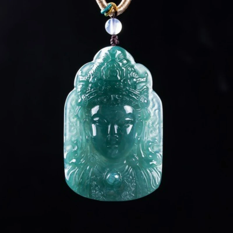 

Natural Blue Water Jade Guanyin Buddha Statue Necklace Pendant Jewelry Men Women Ice Jadeite Jewelry Hanging Decorations Amulet