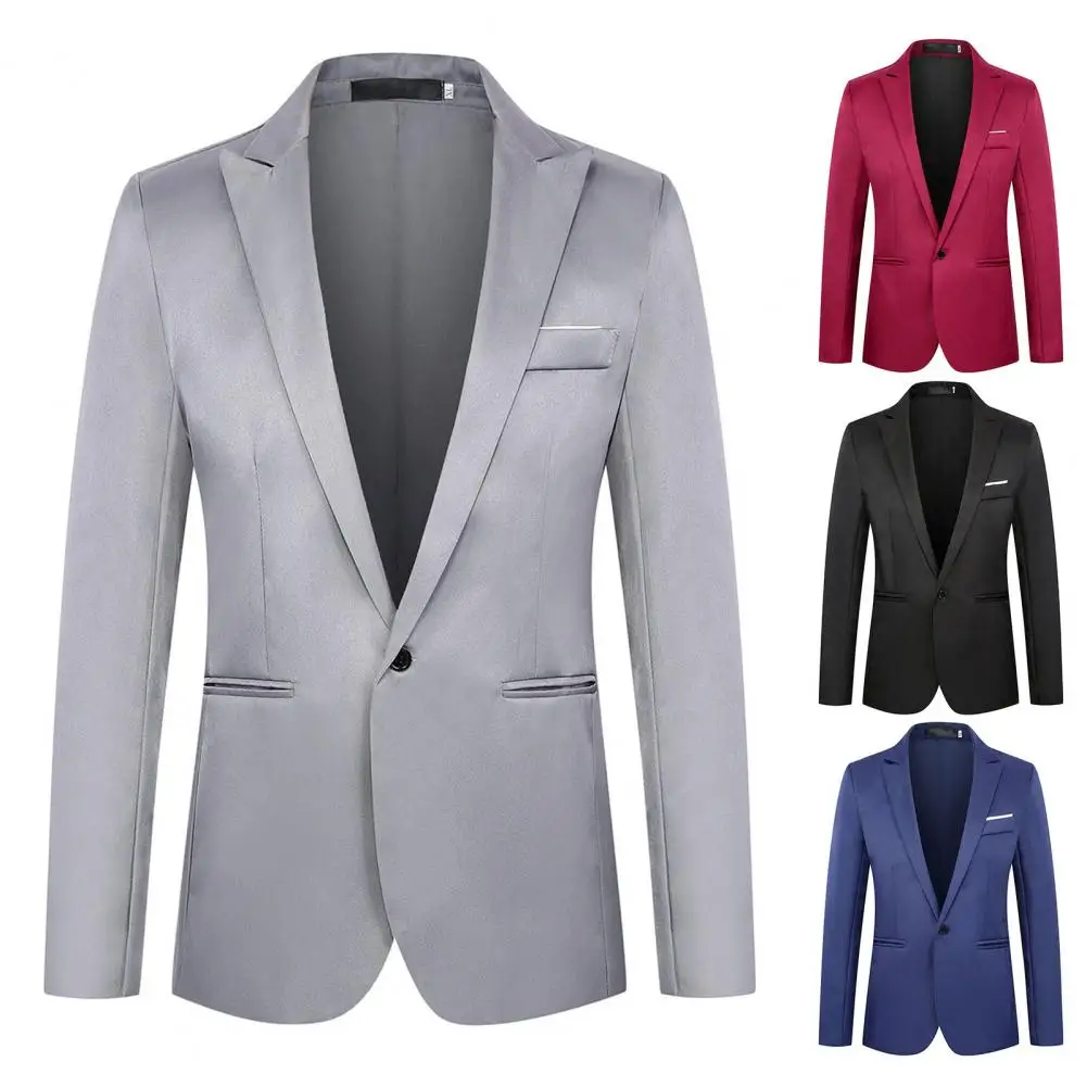 Men Blazer Suit Jacket Lapel Long Sleeve Classic Solid Color Slim Suit Coat Wedding