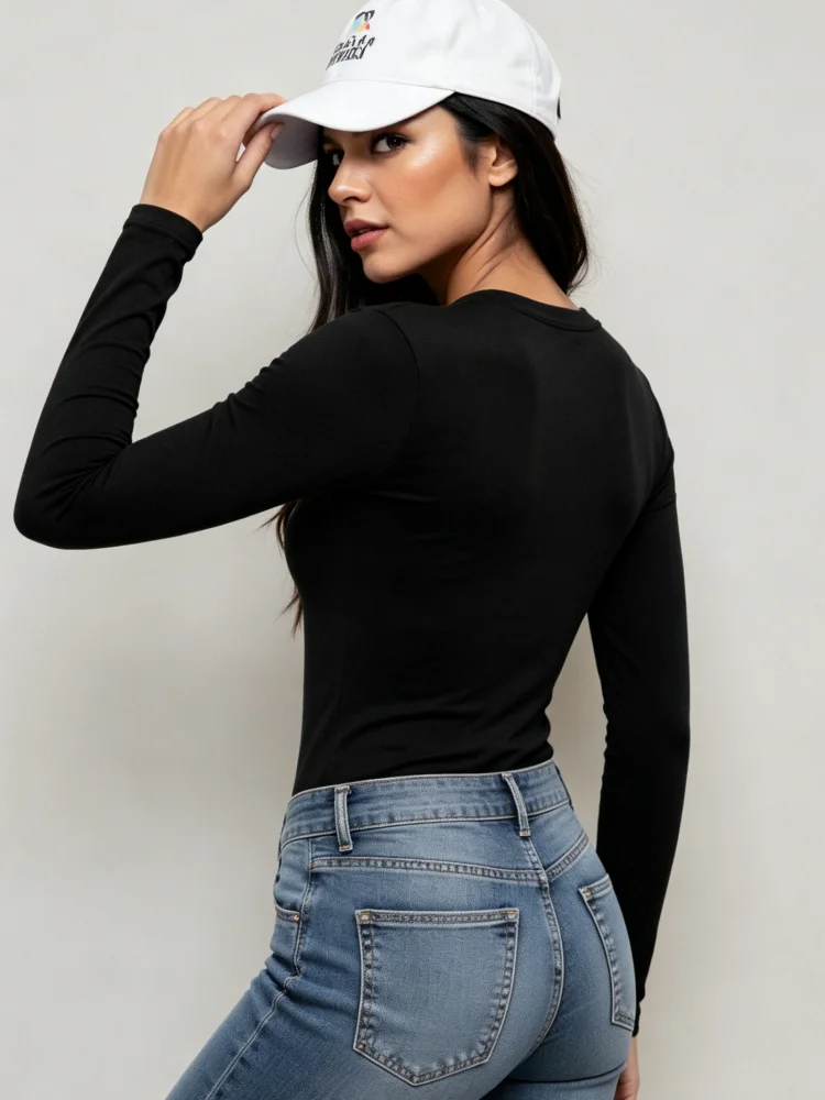 Autumn 2026 Women Long Sleeve T-shirt Solid Black Crew Neck Fitted Stretchy Basic Top Casual Daily Base Layer Shirts Sizes S–XXL