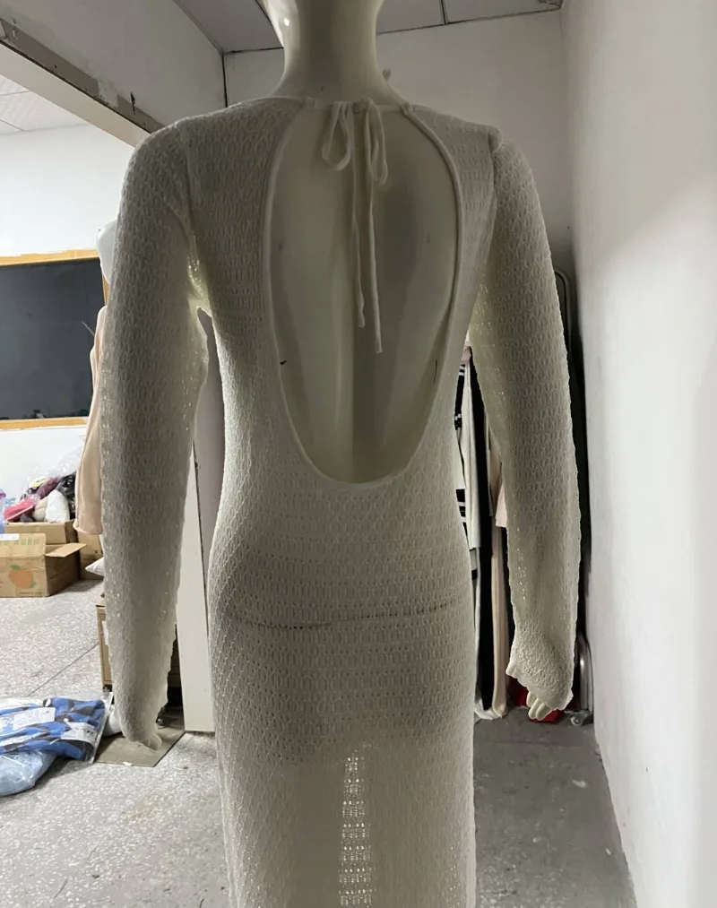 청삼 단추 홀로우 아웃 니트 맥시 드레스 여성 섹시 레이스업 백리스 스플릿 클럽 파티 롱 로브 홀리데이 비치 커버업