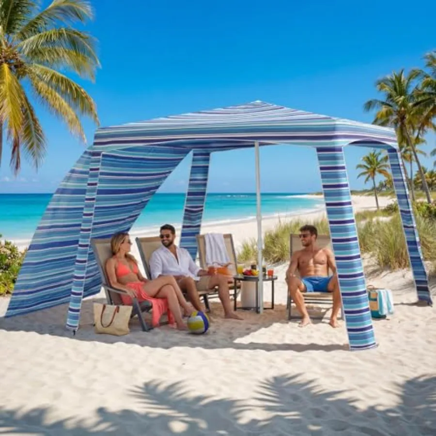 

Beach Cabana for family, waterproof polyester stripe fabric, navy and white, UPF 50+ sun protection, easy-up portable design wi