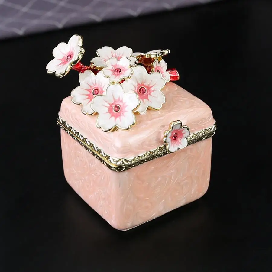 Pink And Green Enamel Jewelry Box. Hand-painted Cherry Blossom Jewelry Flip-top Storage Box. Ear Studs Rings Jewelry Storage
