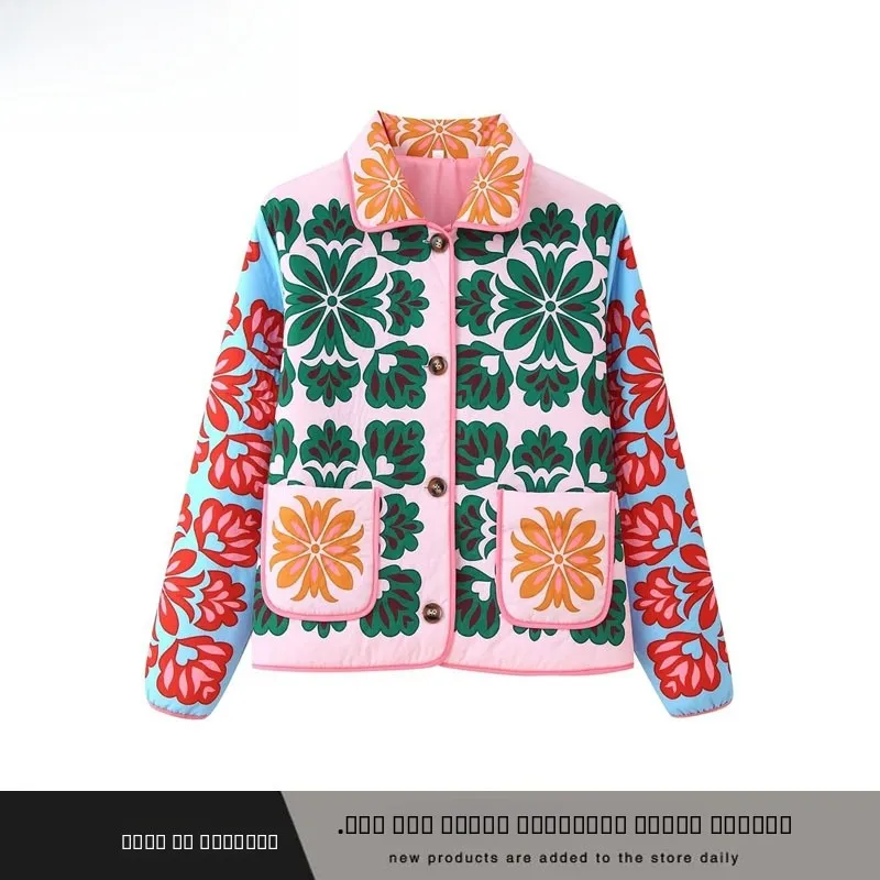 

Faionable Loose Cotton Jaet Women's Outerwear Printed Design French Sle Long Sve Button Closure Regular Length