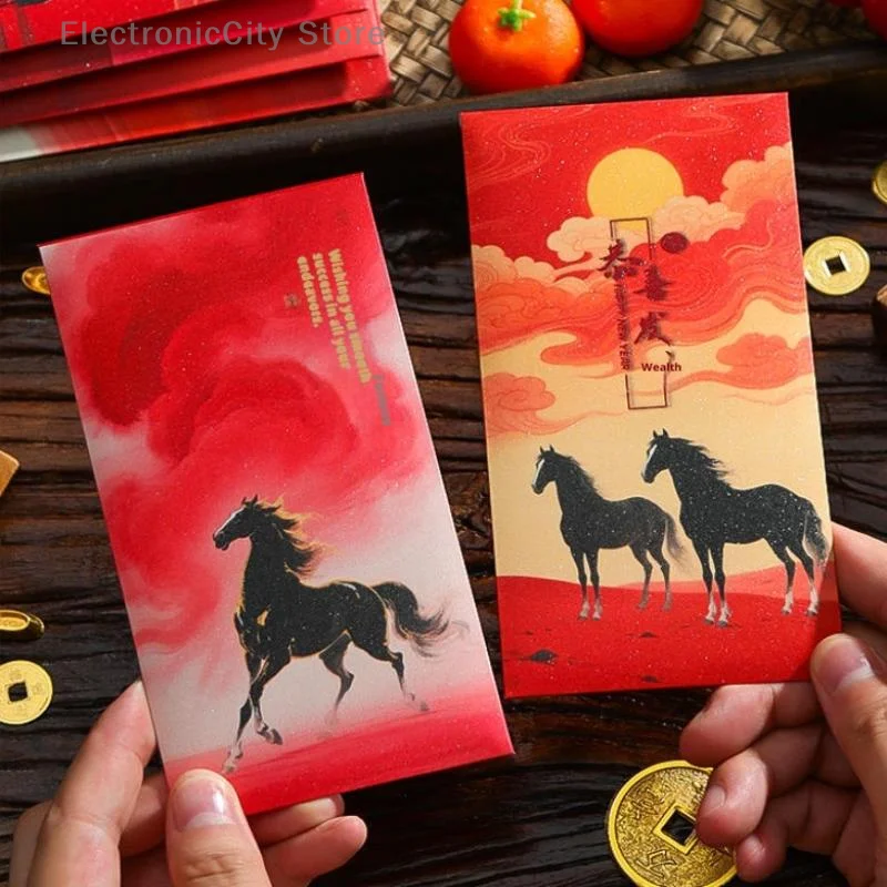 

6 шт. 2026 год лошади весенний фестиваль красный конверт счастливые красные карманы китайский Новый год лошадь красный конверт сумка
