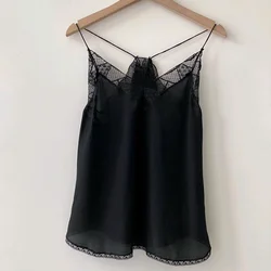 Silk camisole top vest 2024 summer new comfortable casual black sexy lace V-neck backless top pajamas