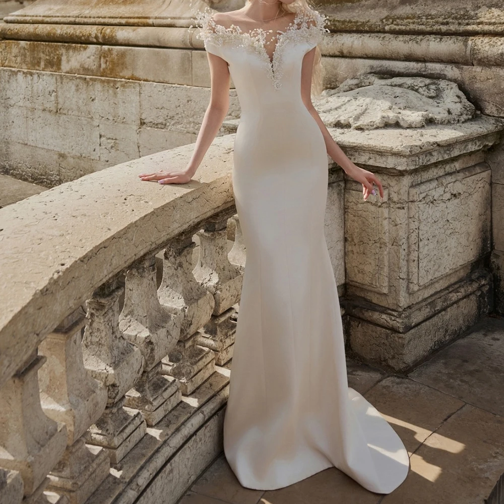 

Customized Mermaid Evening Dresses Floor-length Off The Shoulder Sleeveless Prom Gown Fashion Beading Simple Draped Party Gown