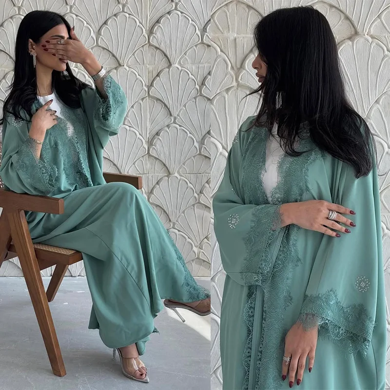 

Mint Green Lace Trimmed Abaya - Open Front V-Neck Long Sleeve Loose Fit Modest Dress