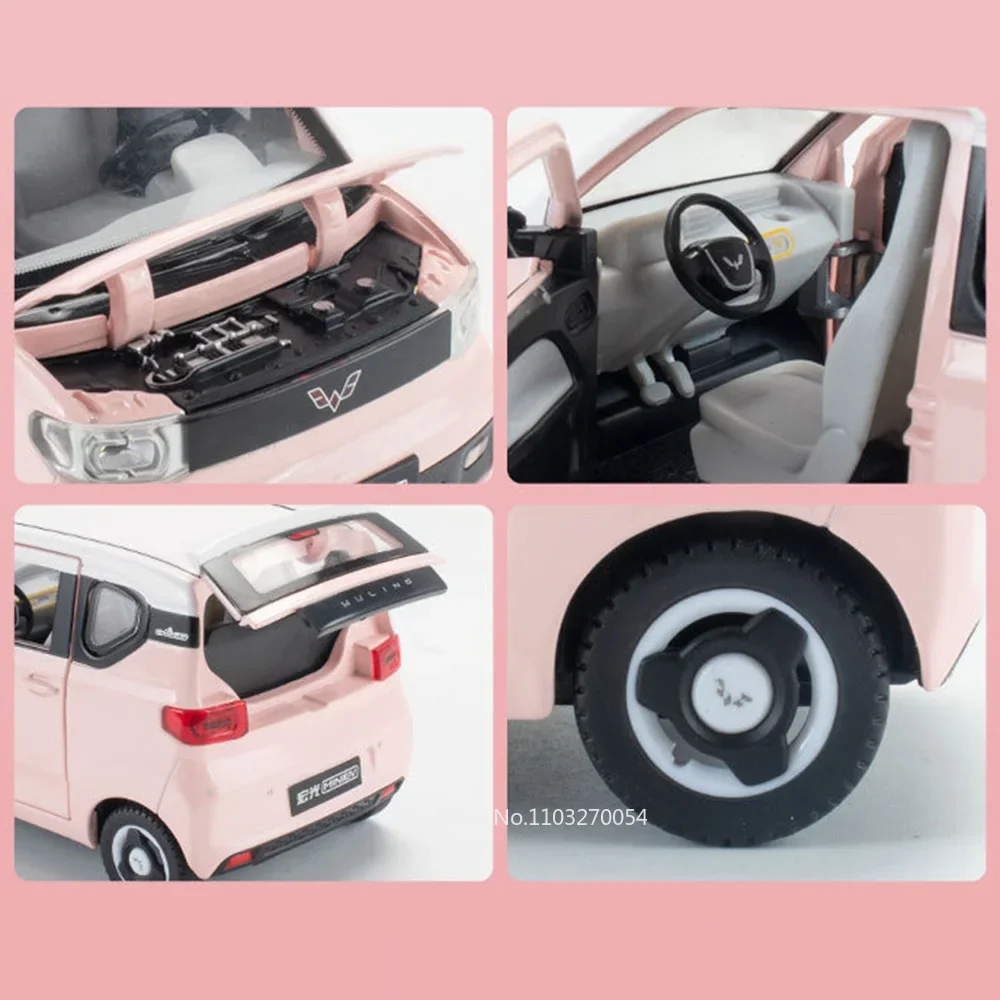 Wuling-Hong Guang MINI EV modelo carro brinquedos para crianças, carros de liga fundidos, borracha pneu portas, som aberto, luz puxar para trás, brinquedo presente, 1:24