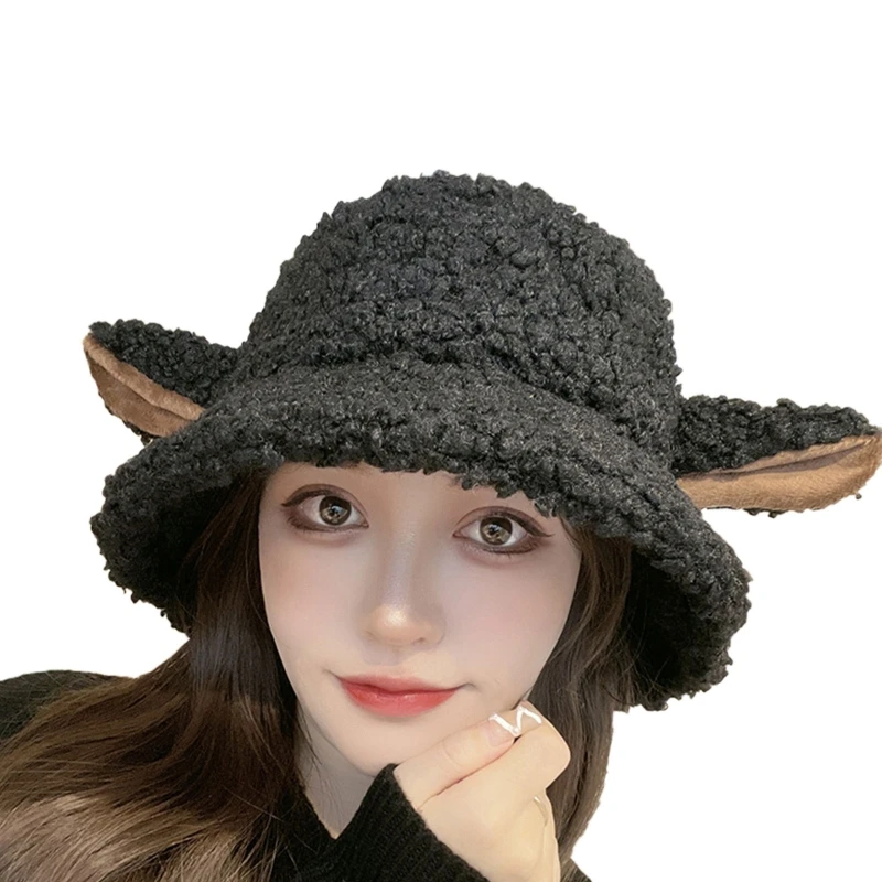 Women Bucket Hat Vintage Winter Sheep Ear Plush Panama For Women Warm Faux Fur Soft Female Fisherman Sun Hats 2022 trend