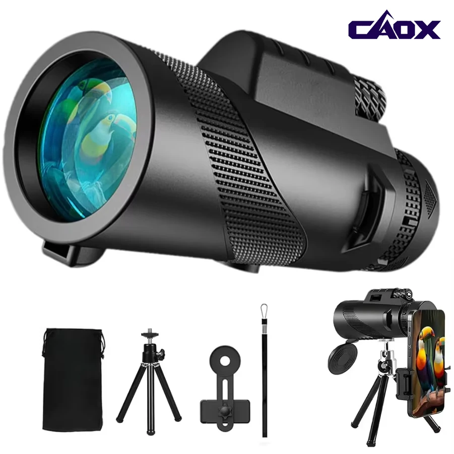 

CAOX 80x100 HD telescope with mobile phone photo support, variable focus, portable, foldable night vision monocular telescope