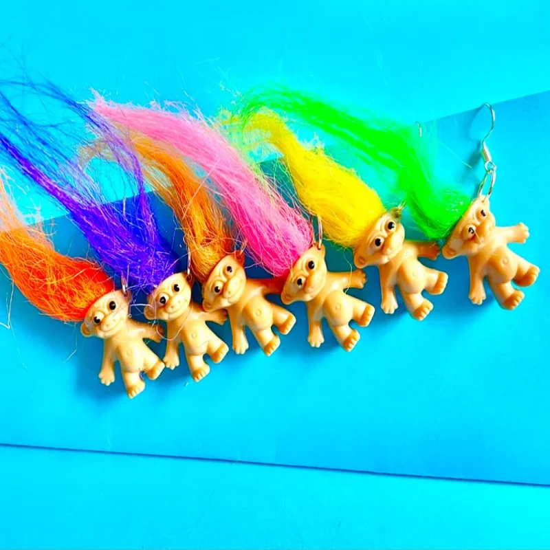 Retro 90s Mini Troll Doll Dangle Earrings Funky Quirky Statement Jewelry for Women Girls Party Gift