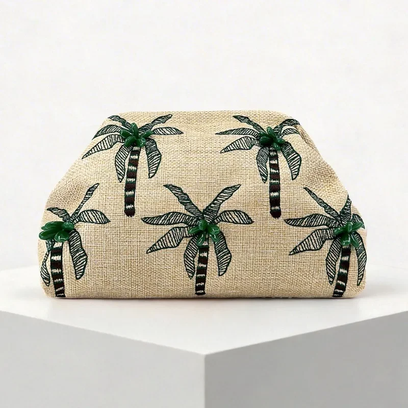 2026 Spring/Summer New Coconut Tree Embroidered Linen Clutch Bag Retro Linen Weaving Beach Vacation Style Folded Cloud Clip Bag
