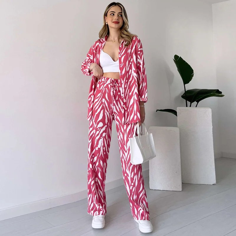 Elegant Tracksuit 2 Piece Outfits for Women Long Sleeve Blouses Button Down Shirts and Casual Loose Long Pants Sets Streetwear