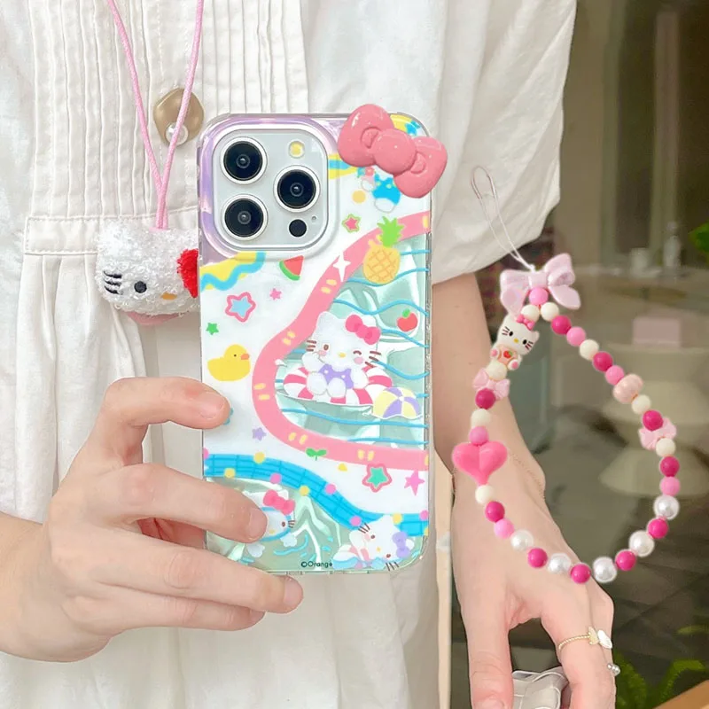 Hello Kitty Pool Duck Pink Bow Strap Phone Cute Case For iPhone 16 15 14 12 13 11 Pro Max XR XS MAX 7 8 PLUS MINI Y2K Girl Cover