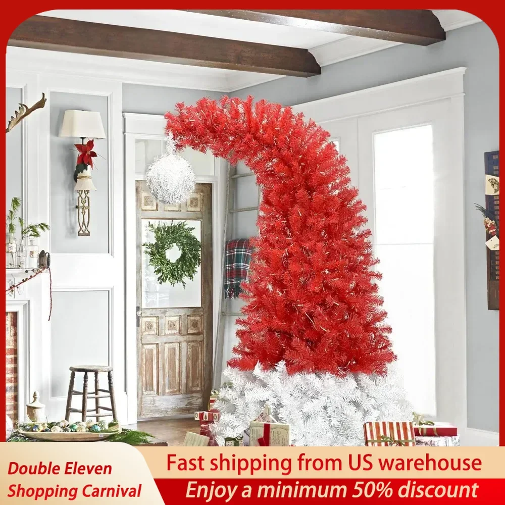 7FT Christmas Tree with 1250 Lush Branch Tips, 300 LED Lights X-mas, Artificial Fir Bent Tree Bendable Santa Hat Style, Outdoor