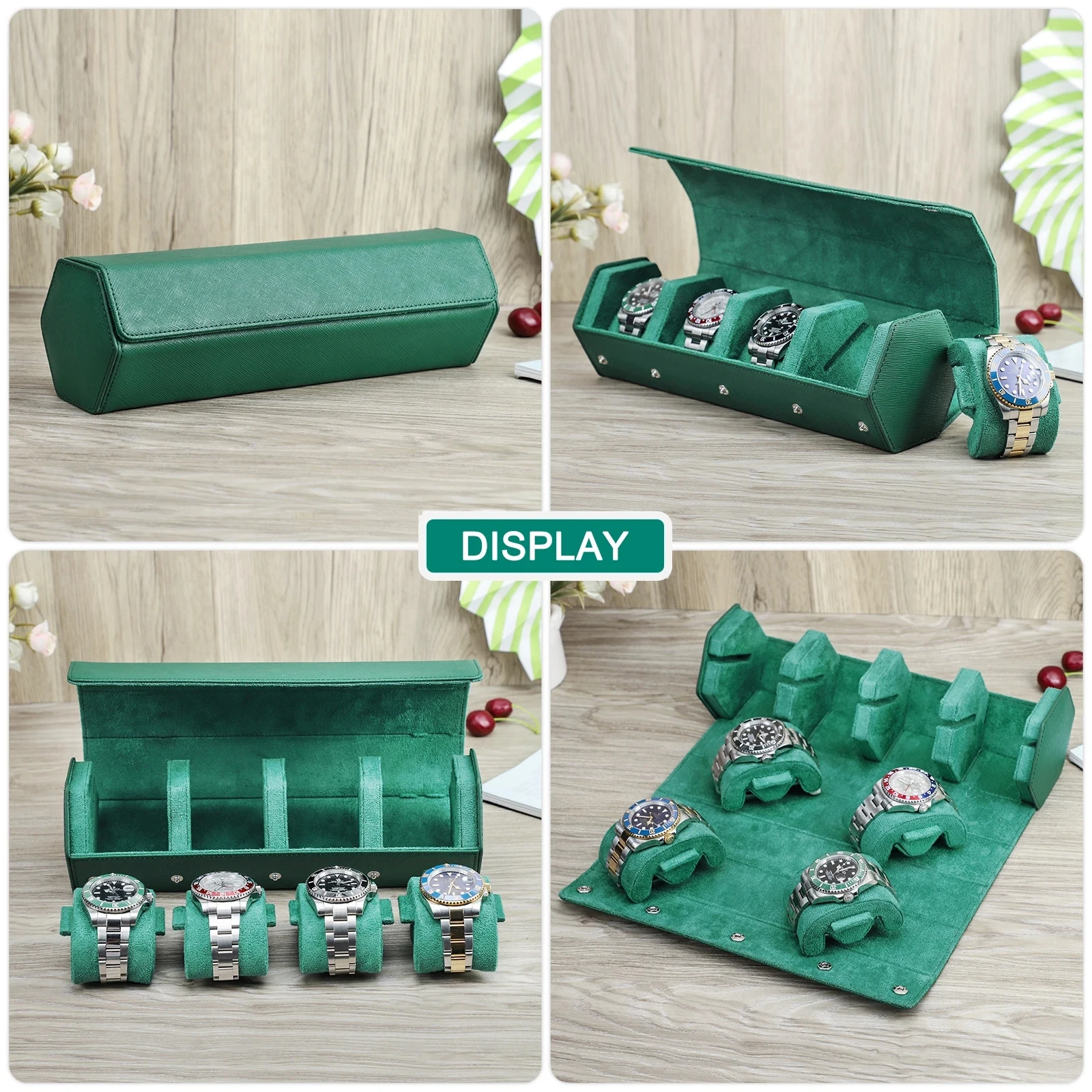 Watch Traval Case Box Organizer 4 Slots Genuine Leather Portable Zipper Watch Case Bracelet Green Display Box