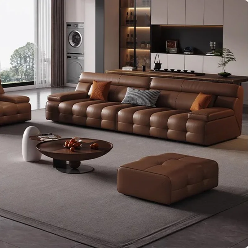 

European-style Leather Living Room Sofa Nordic Luxury Villa Retractable Reclining Sofas Lazy Chaise Lounge Furniture Cama FYRS