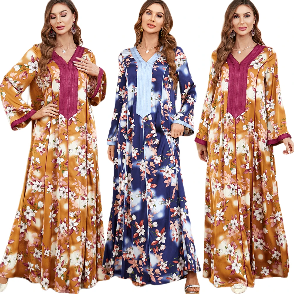 

Floral Abaya for Women Printed Eid Ramadan Muslim Long Dresses Moroccan Kaftan Gulf Jalabiya Islam Dubai Turkish Modest Dress