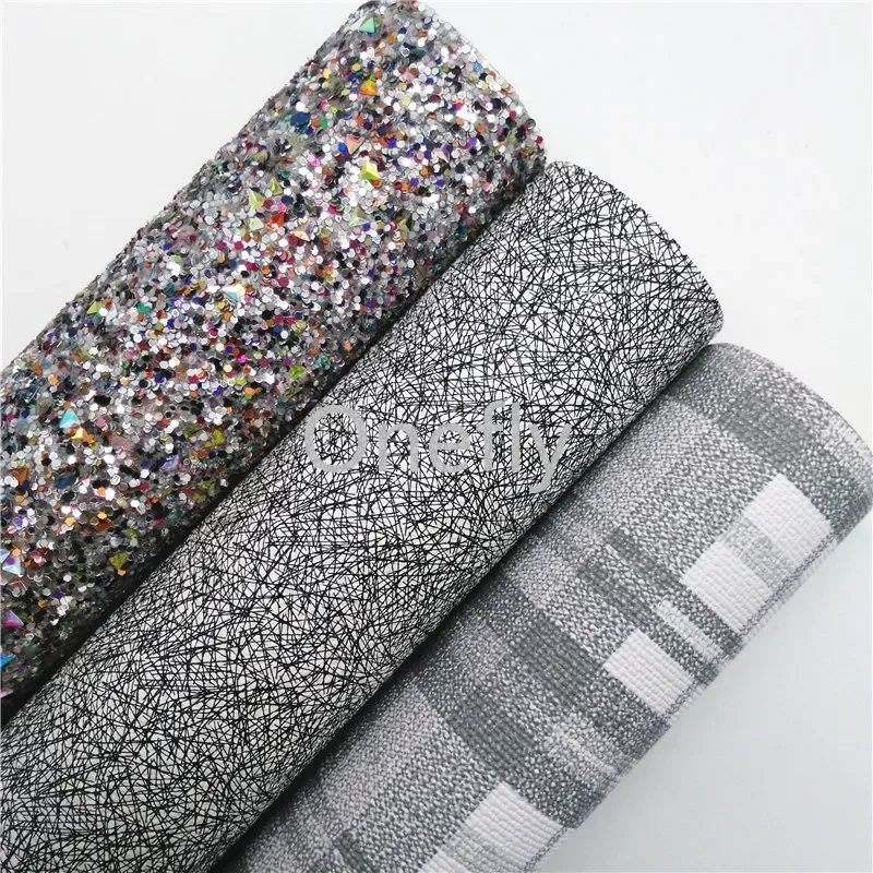 Onefly 21X29CM Glitter Fabric, Grey Tartan Printed Synthetic Leather Sheets For Bow DIY  handbags shoes  BQ046