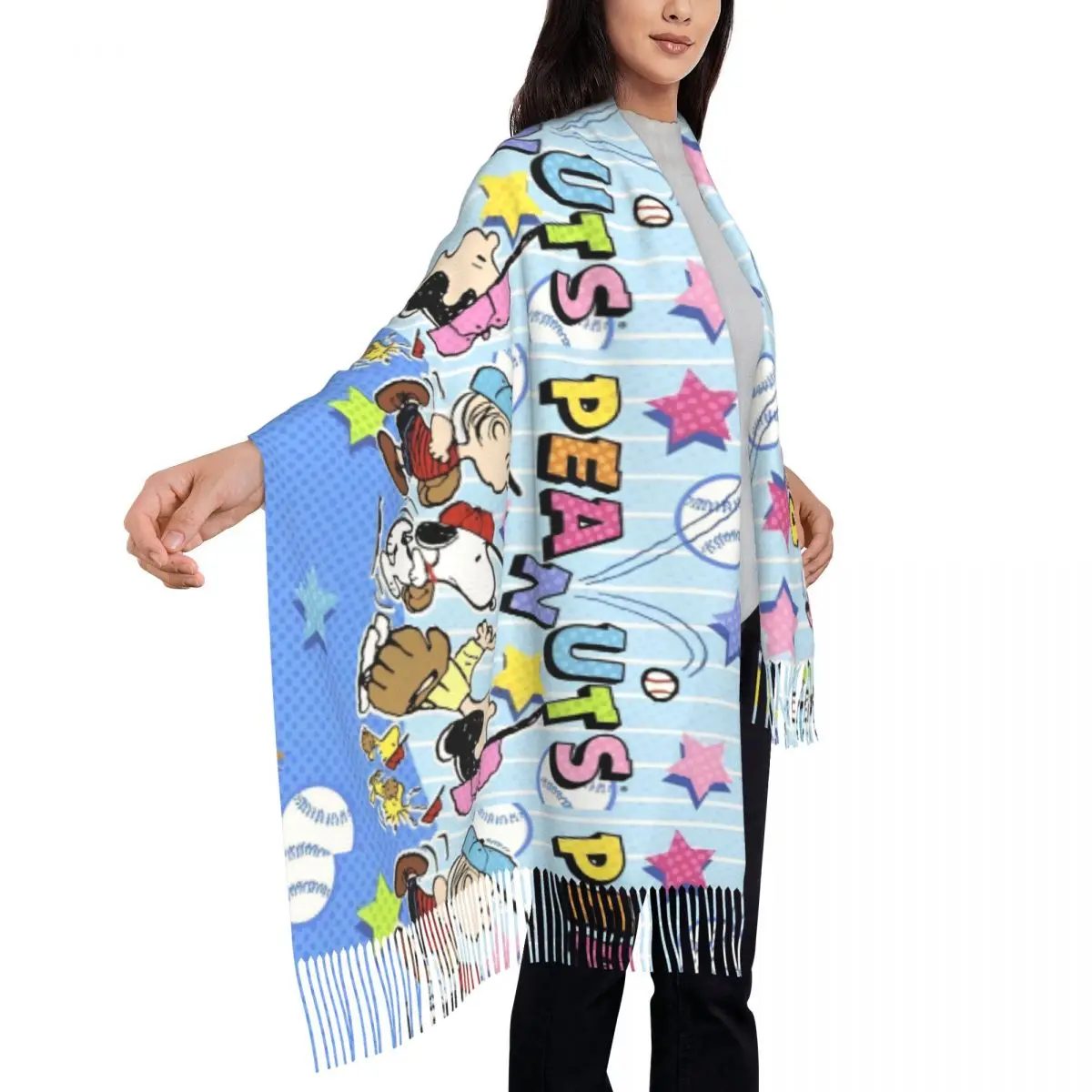 Snoopy cachecol de amendoim com borla longa, xales macios e quentes para mulheres, lenços personalizados diy para inverno y2k, bandana engraçada