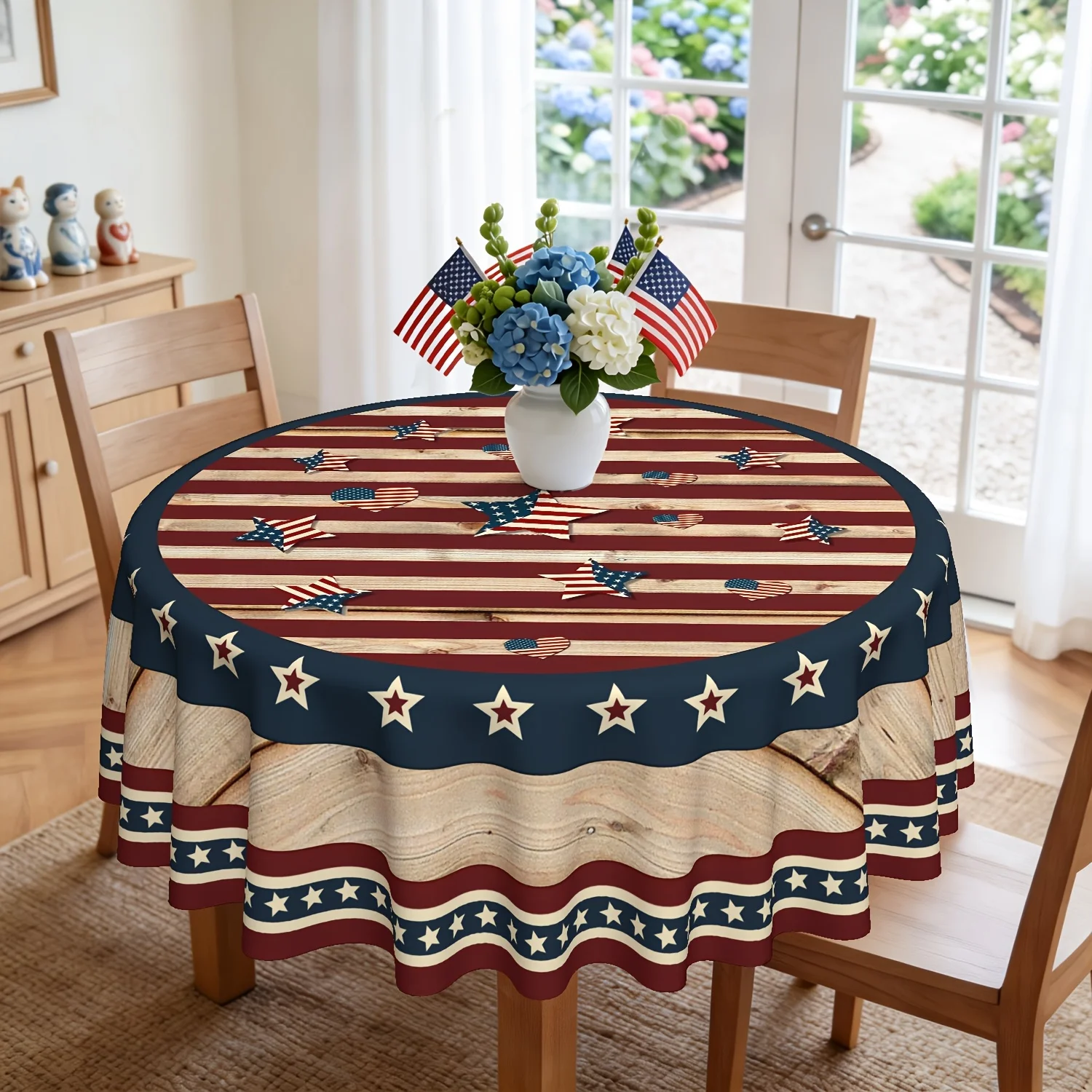 One patriotic tablecloth featuring the American flag with stars, for Memorial Day on July 4th