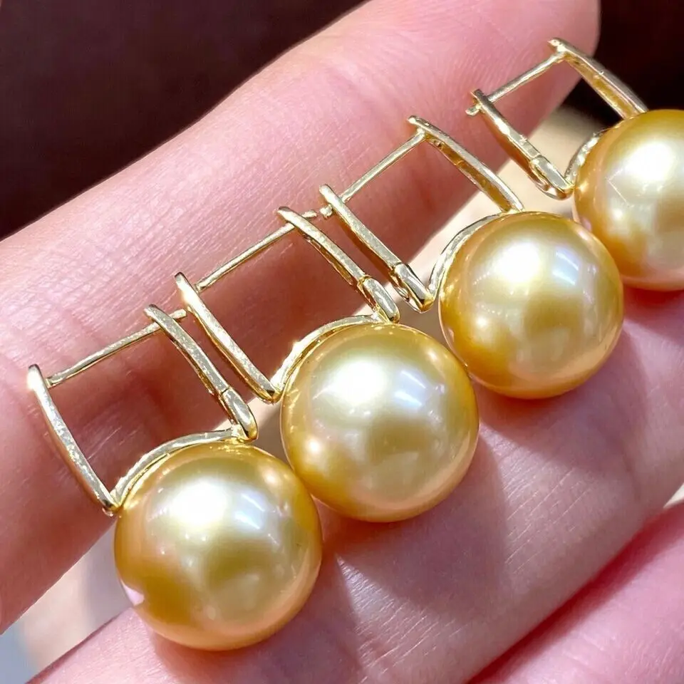 Gorgeous AAAA 11-10mm Real natural Golden south sea Round pearl earrings 925S