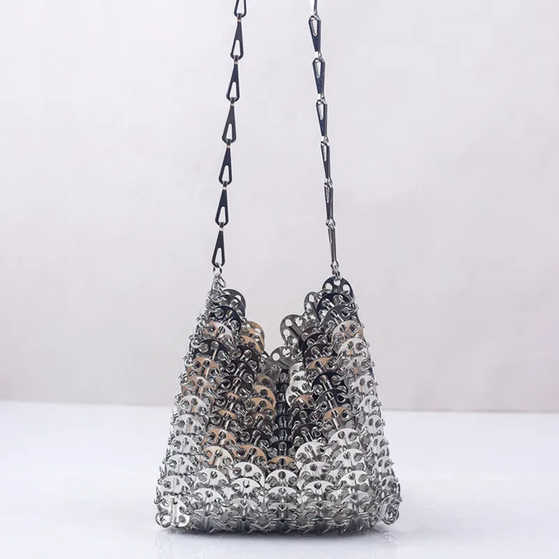 Imagem -03 - Bolsos de Mujer de Diseñador Bolso Tejido Con Cadena de Lentejuelas de Metal Plateado Bolsos de Noche Huecos Bolso de Mano para Mujer Bolso de Hombro para Viaje y Vacaciones