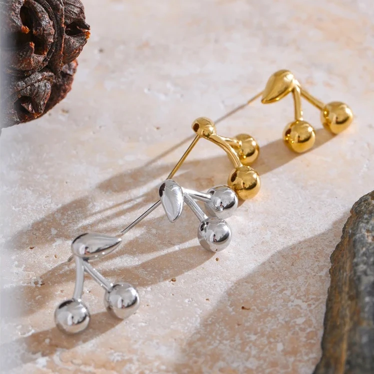 New Fashion Stainless Steel Metal Cherry Golden Stud Earrings for Women 18K PVD Plated Wholesale Waterproof Charm Jewelry Gifts