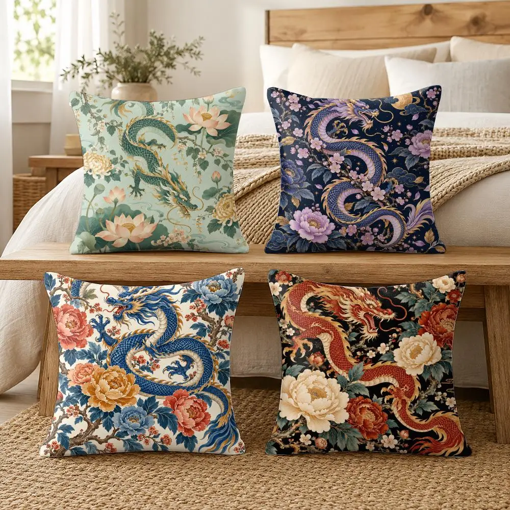 Dragon Chinoiserie Asian Culture Pattern Cushion Cover Soft Pillow Cases Hidden Zipper Cutecore Sofa Bedroom Home Decor Gift