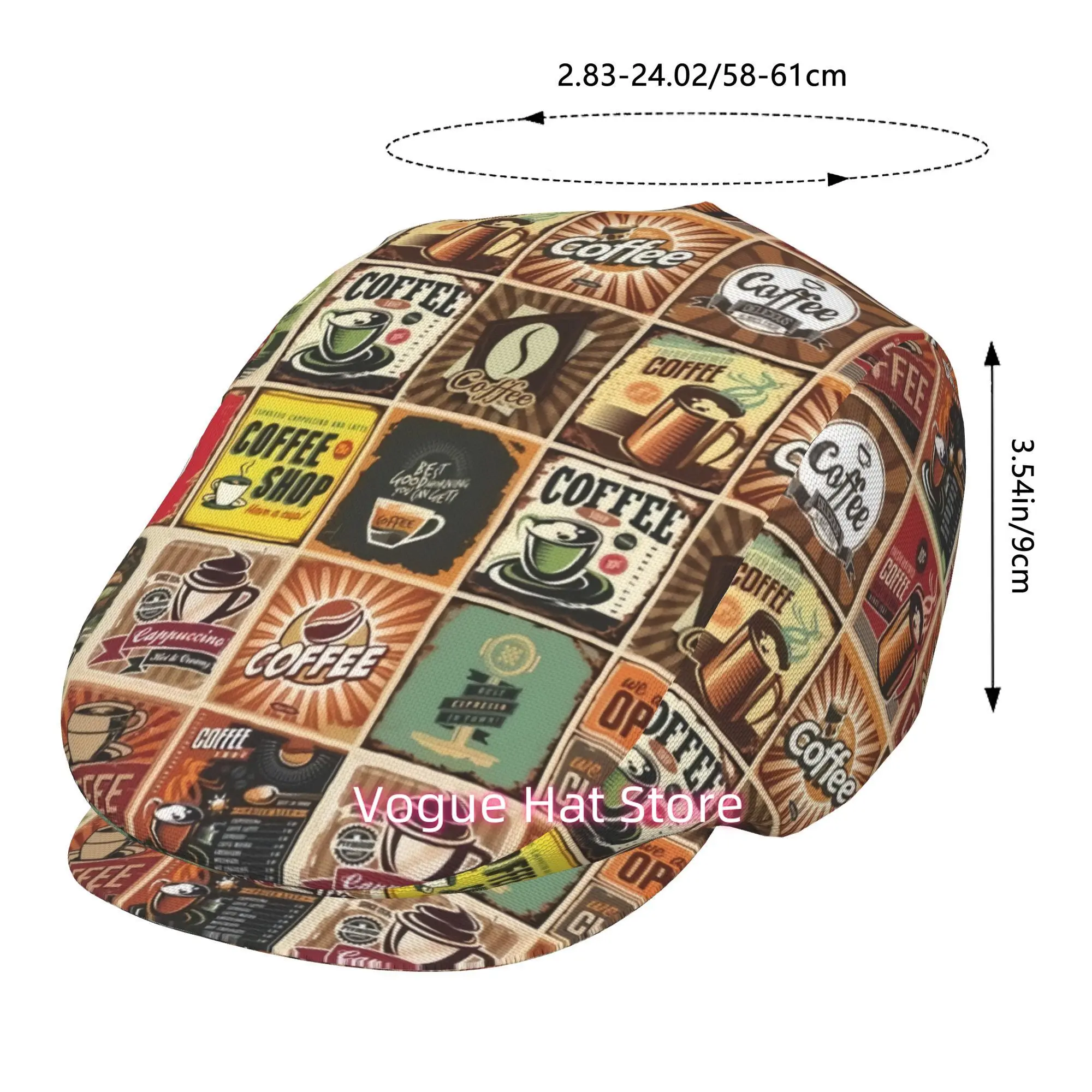 2D Flat - 1pc Coffee Retro Poster Collection for All-Over Printed Beret, Retro Newsboy Cap, Unisex, a Must-Have Fashion Accessor