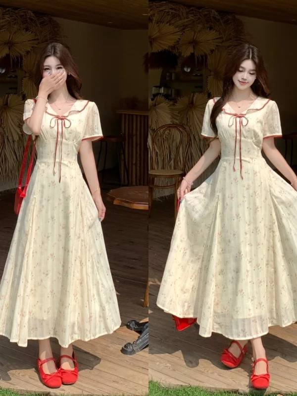 

plus Size Loose Summer Vintage Floral V-Neck Short Sleeve A-Line Dress Slimming High Waist Printed Casual Breathable Long Dress
