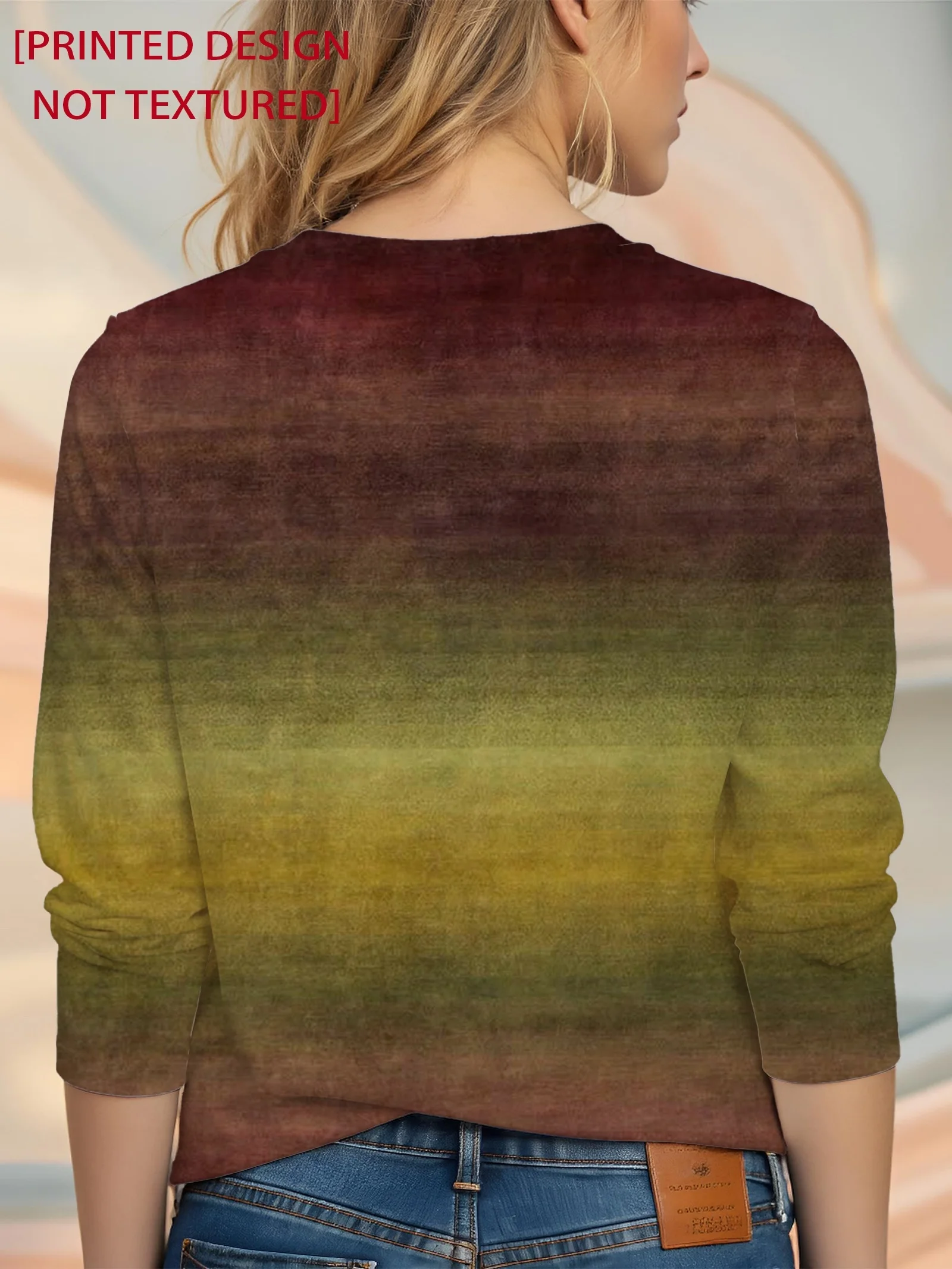 Women T‑shirt Gradient Color Block Print Crew Neck Long Sleeve Autumn Winter Casual Daily Tee Top Women's Clothes