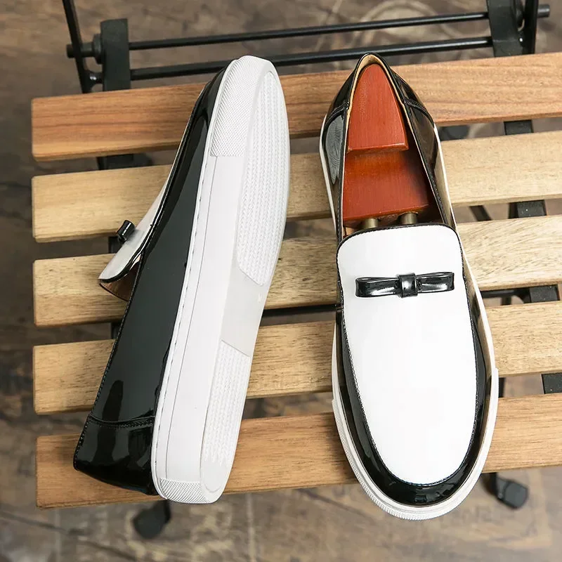 Mannen Gevulkaniseerde Schoenen Zwart Wit Slip-On Loafers Lakleer Voor Heren Vrijetijdsschoenen Chaussures Pour Hommes