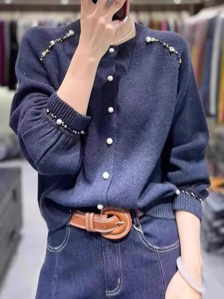   Cárdigan largo de punto Sve redondo Ne con un solo botón Otoño Invierno Camere suéter Jaet Ele Heavy Design Em...