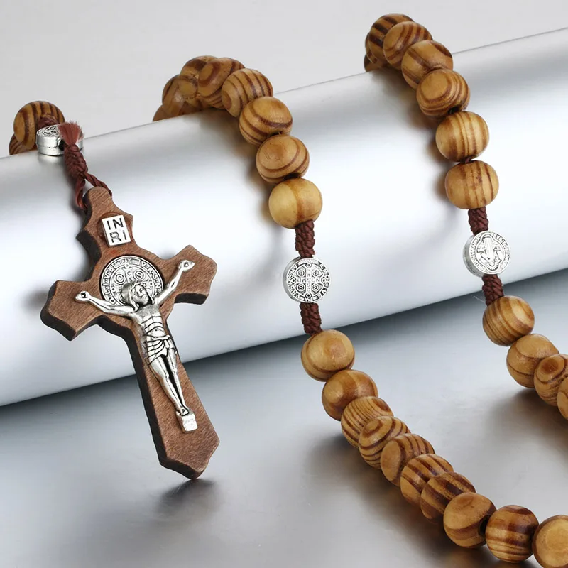 Diyalo Wood Beads Rosary Necklace Saint Benedict Medal Crucifix Jesus Cross Necklace Catholic Prayer Chaplet Handmade Jewelry