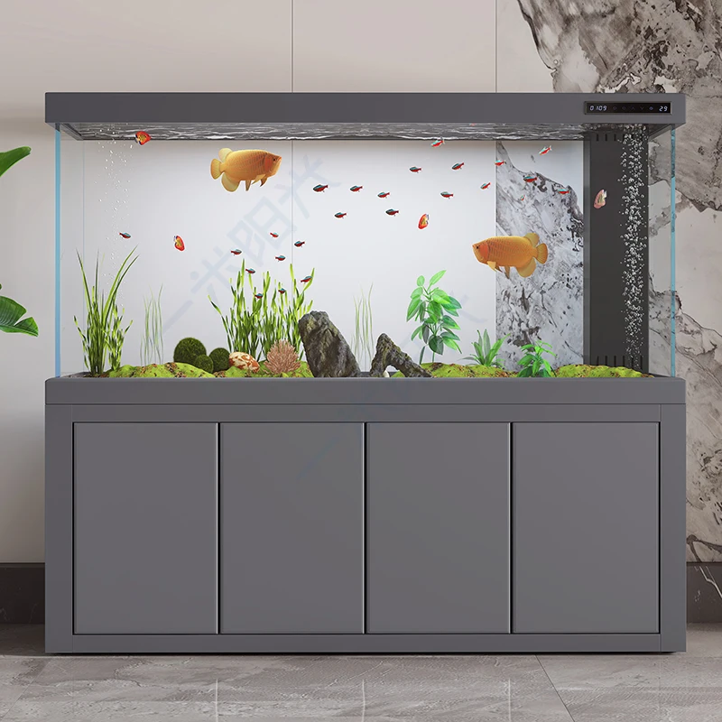 The large ecological bottom filter of ultra-white glass in the living room is integrated