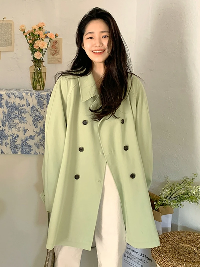 

Chic Autumn Winter Briti Sle Loose Double Breasted Windbreaker Coat Women's Design Collar mid Length Coat Korean Sle