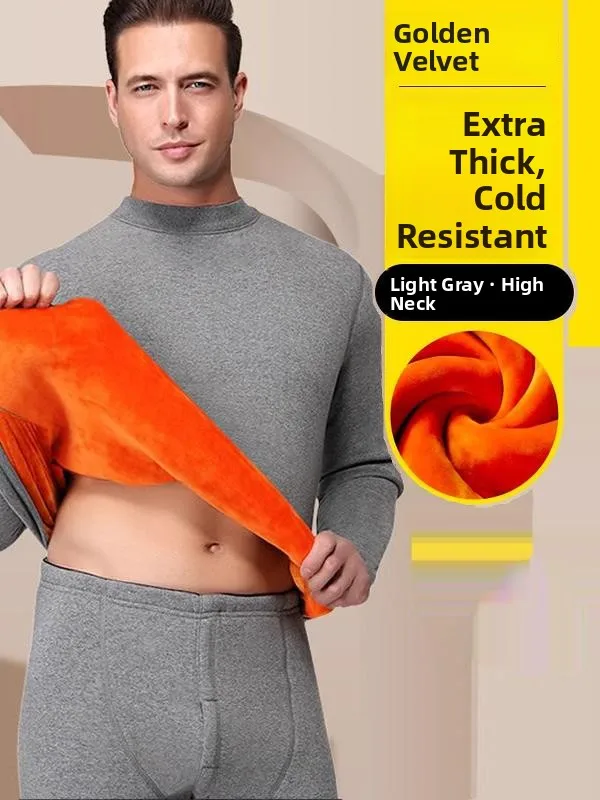 

Утепленный флисовый комплект теплого нижнего белья из чистого хлопка с воротником-стойкой, мужской, с длинными рукавами и брюками, домашняя одежда, осенняя одежда