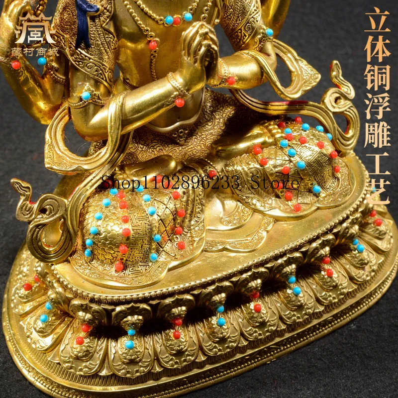 Fully Gilded《Four-Armed Guanyin》Indoor home decor with colorful bead embellishments《Guanyin Bodhisattva》Copper Buddha statue orn