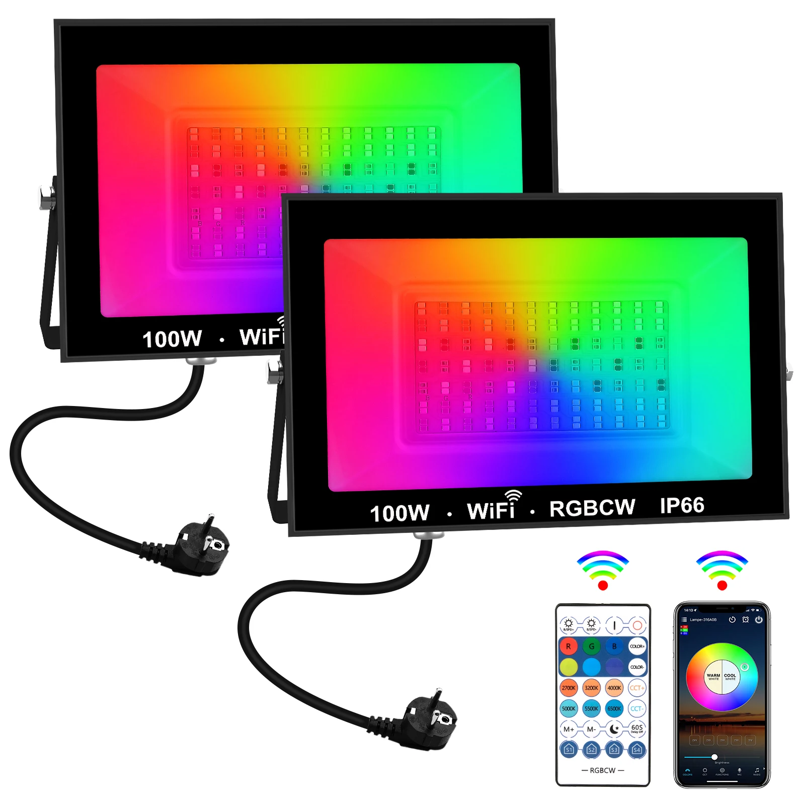 

100W LED Flood Light EU/US/UK Plug Outdoor Garden RGB Spotlight with APP Remote Control IP66 Xmas Party Yard Decor Flood Light