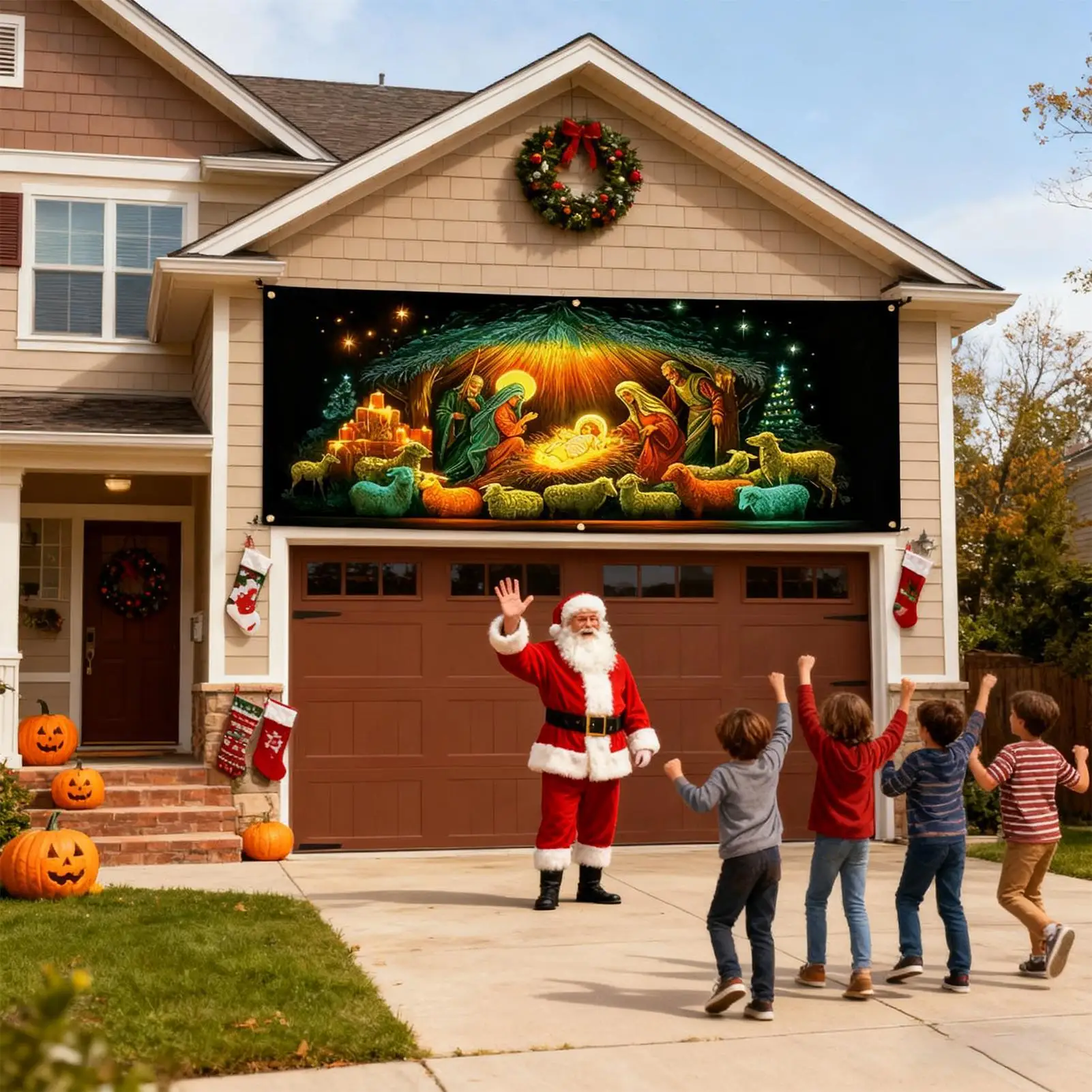 Christmas Front Door Decoration Cover Religious Fluorescent Front Door Jesus Scene Backdrop Hanger Backdrop Christmas Decoration