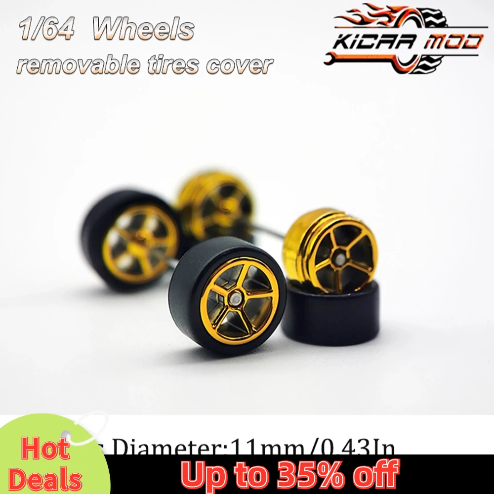 1/64 RLC Premium Wheels with Rubber Slick Tires for Hot Wheels Five Spokes Model Car Refitting Parts D:11mm (1 Set)