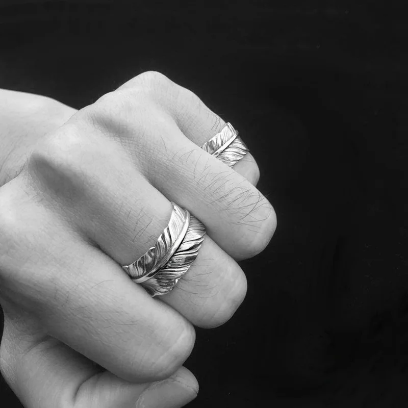 Men's Ring 100% Real 925 Sterling Silver Feather Brand Couple Ring Female Jewelry Thailand Silver Vintage Style Rings