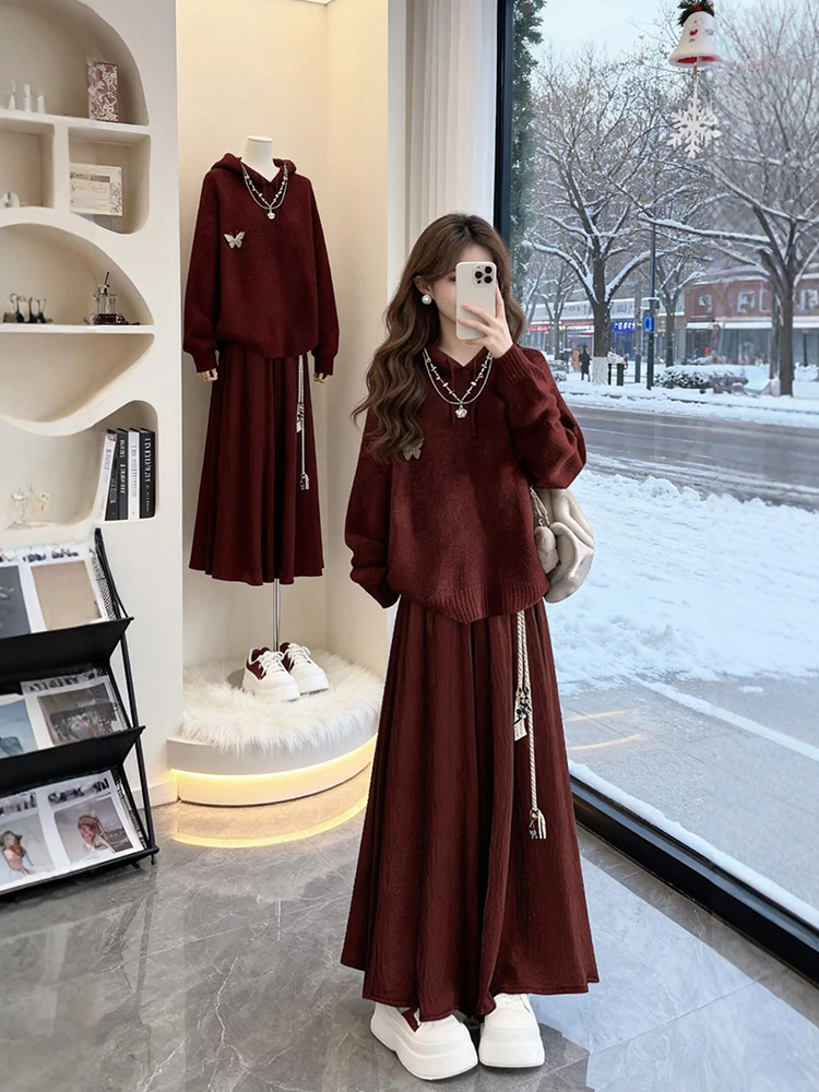 

Winter Fashion plus Size Knitted Hat Women's Set Red Color Half Skirt Matching Top And Skirt Ensemble Korean Style Warmth