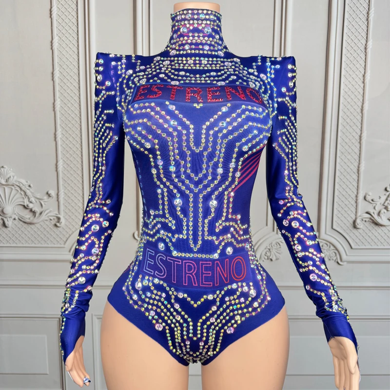 

Blue Mesh Rhinestones Bodysuit Pole Dance Outfit Halloween Jazz Dance Costume Nightclub Bar DJ Stage Rave Clothes XS10125