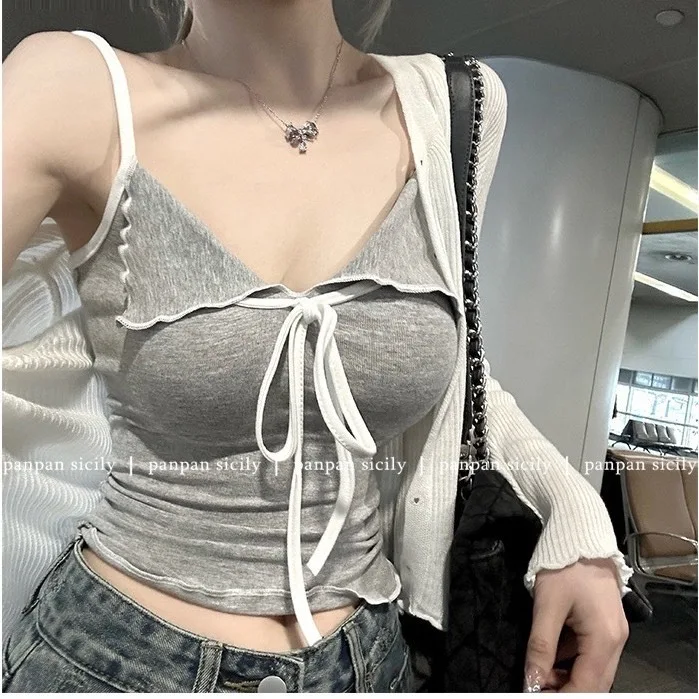 MiiiiX Sweet Pure Cotton Inner Camisole Lace-up Sexy Vest Slim Tank Versatile Bottoming Shirt Crop Top Summer Women's Clothes