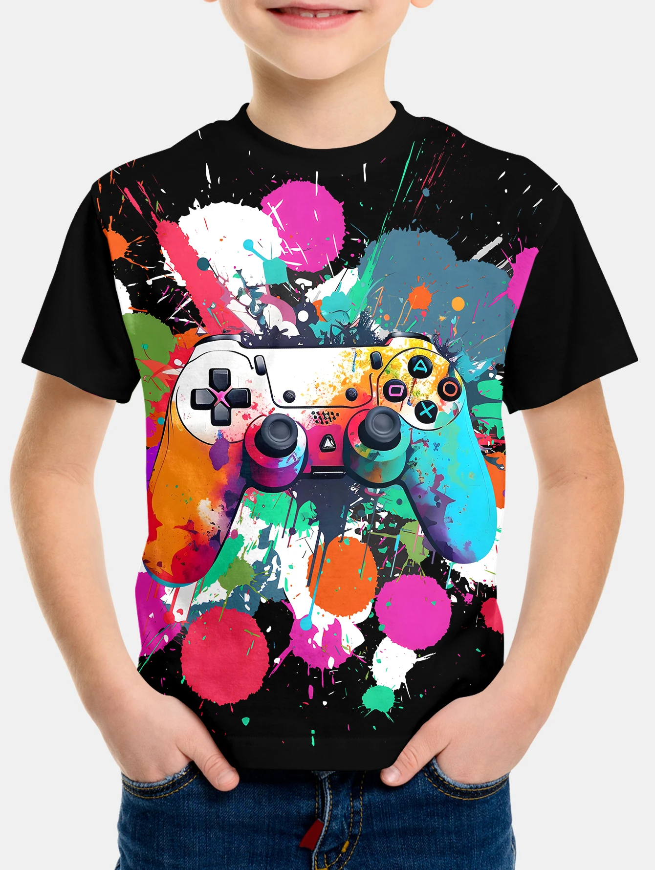 Camiseta infantil com estampa gamepad legal, blusa confortável de manga curta para meninos, streetwear perfeito com o pescoço, casual divertido de verão