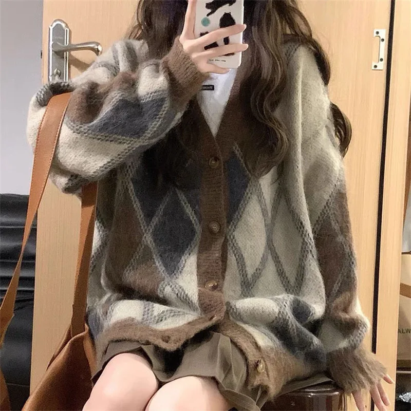 Sueter Mujer Invierno 2024 Korean Style Loose Knitted Cardigan V Neck Hit The Color Rhombus Sweater Women Fall Winter New Coat